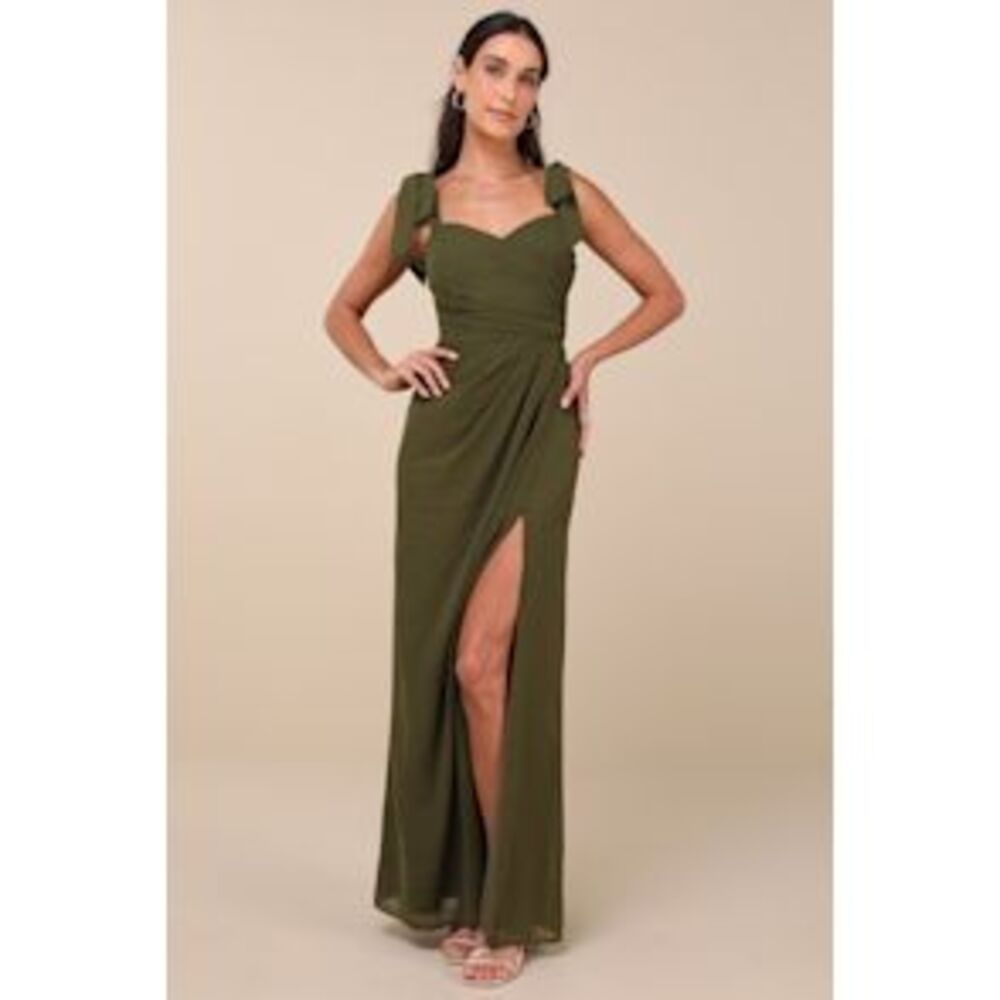 Lulus Women Gorgeous Whimsy Pleated Off-The-Shoulder Maxi Dress Olive Large